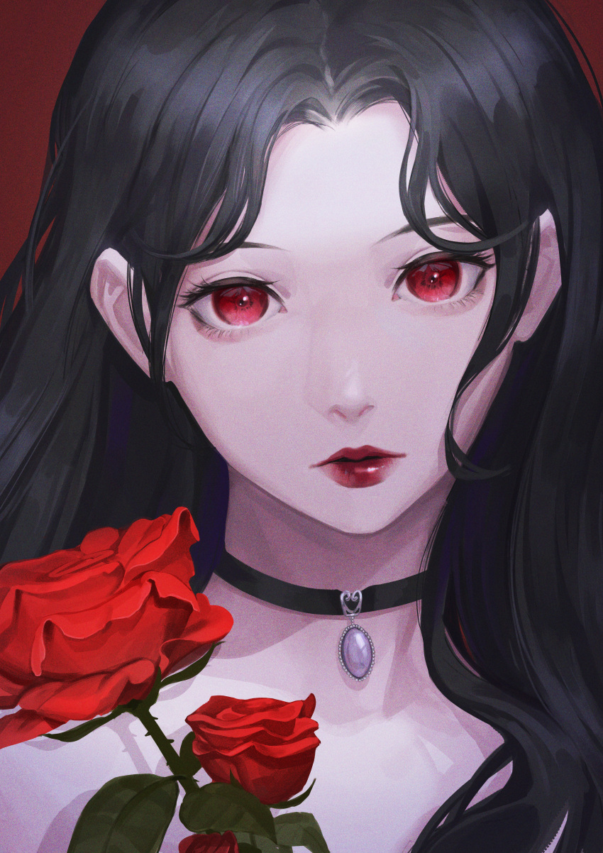 1girl absurdres black_hair choker closed_mouth doloyume flower highres holding leaf lipstick long_hair looking_at_viewer makeup original portrait red_eyes rose serious simple_background solo thorns