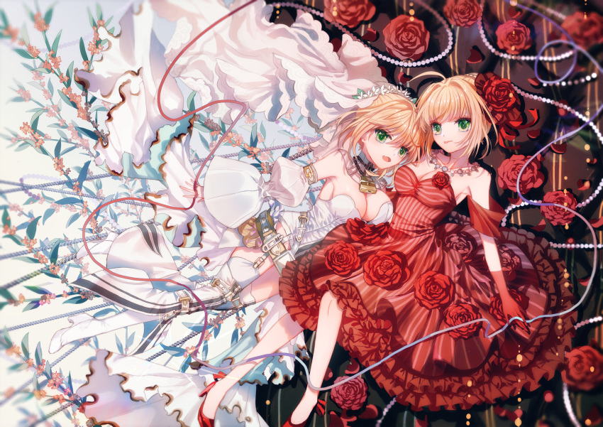2girls ahoge alternate_costume bare_legs bare_shoulders blonde_hair breasts cleavage closed_mouth couch dress dual_persona fate/extra fate/grand_order fate_(series) flower gloves green_eyes hair_flower hair_intakes hair_ornament idol jewelry large_breasts looking_at_viewer necklace nero_claudius_(bride)_(fate) nero_claudius_(fate) nero_claudius_(fate)_(all) petals red_dress red_flower red_gloves red_rose rose rose_petals short_hair sitting smile striped striped_dress white_dress window yasato_7plus