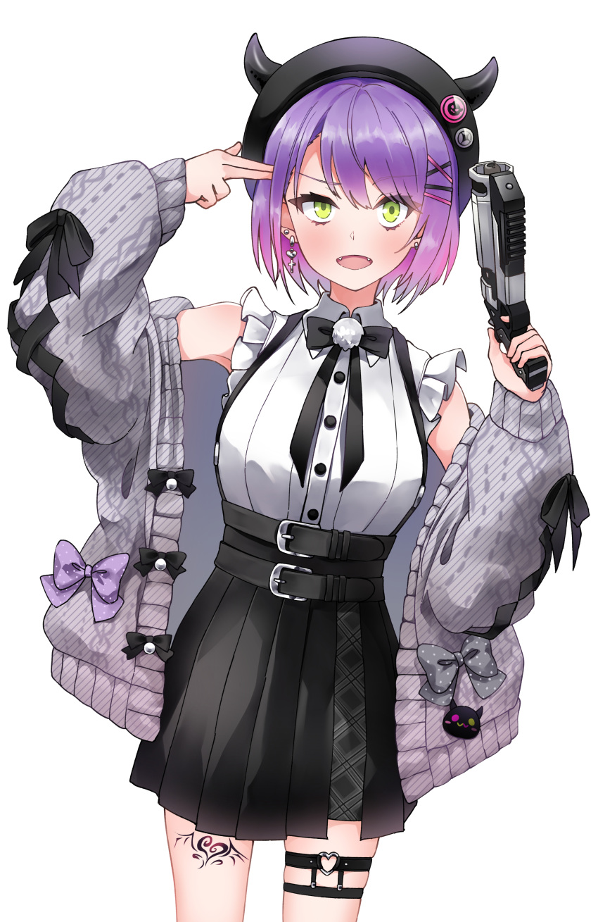 1girl absurdres apex_legends b3_wingman bangs belt belt_buckle black_bow black_bowtie black_headwear black_skirt bow bowtie buckle buttons buwonte collared_shirt cowboy_shot ear_piercing earrings fake_horns fangs finger_gun finger_gun_to_head green_eyes grey_sweater gun hair_ornament hairclip handgun highres holding holding_gun holding_weapon hololive horned_headwear horns jewelry leg_tattoo long_sleeves looking_at_viewer miniskirt off_shoulder open_mouth piercing pistol pleated_skirt purple_hair shirt shirt_tucked_in short_hair simple_background skirt sleeveless sleeveless_shirt solo striped striped_shirt suspender_skirt suspenders sweater tattoo thigh_strap tokoyami_towa vertical-striped_shirt vertical_stripes weapon white_background white_shirt x_hair_ornament