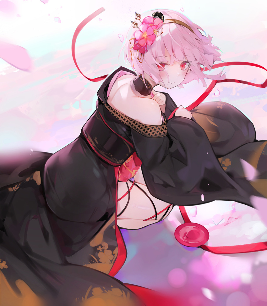 1girl bare_shoulders black_kimono brown_hairband closed_mouth commentary cup dema_hmw flower from_behind hair_flower hair_ornament hairband highres hololive hololive_english japanese_clothes kimono long_sleeves looking_at_viewer looking_back mori_calliope off_shoulder petals pink_flower pink_hair red_eyes sakazuki smile solo squatting virtual_youtuber wide_sleeves