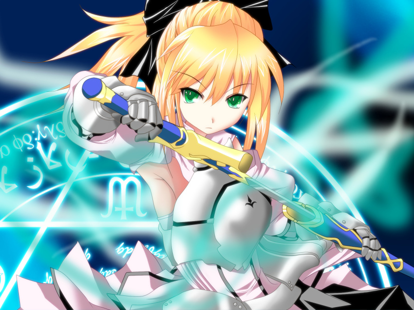 1girl armor armored_dress artoria_pendragon_(all) black_bow blonde_hair blue_sky bow breastplate caliburn dress eyebrows_visible_through_hair fate/grand_order fate/unlimited_codes fate_(series) faulds floating_hair gauntlets green_eyes hair_between_eyes hair_bow hands_on_hilt highres long_hair looking_at_viewer nagirin outdoors petals ponytail saber_lily signature sleeveless sleeveless_dress solo standing white_dress