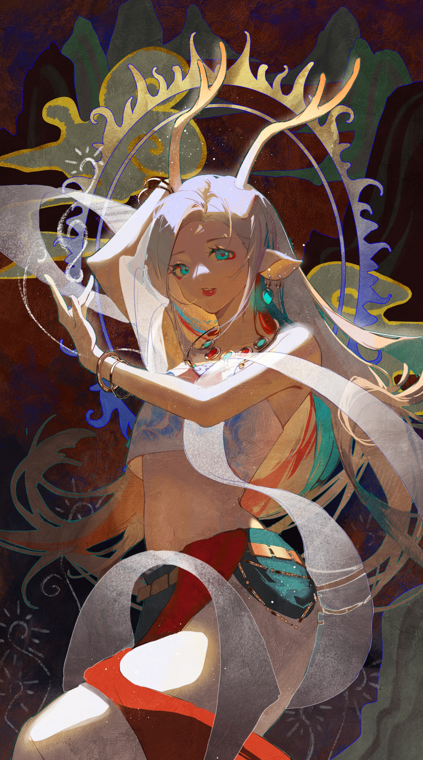 1girl a_deer_of_nine_colors abstract_background absurdres animal_ears antlers arknights arm_up bare_shoulders blue_eyes blue_hair bracelet crop_top earrings highres jewelry lipstick long_hair long_skirt looking_at_viewer makeup mascara midriff multicolored_hair navel necklace nine-colored_deer parted_lips qiyanan red_lips redhead shawl silver_hair skirt solo stomach very_long_hair white_skirt