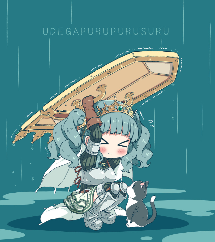 &gt;o&lt; 1girl armor bangs blunt_bangs blush brown_gloves cat chibi closed_eyes closed_mouth futaba_sana gloves green_hair highres holding holding_shield magia_record:_mahou_shoujo_madoka_magica_gaiden mahou_shoujo_madoka_magica rain shield short_hair short_twintails solo squatting takahero twintails wavy_hair
