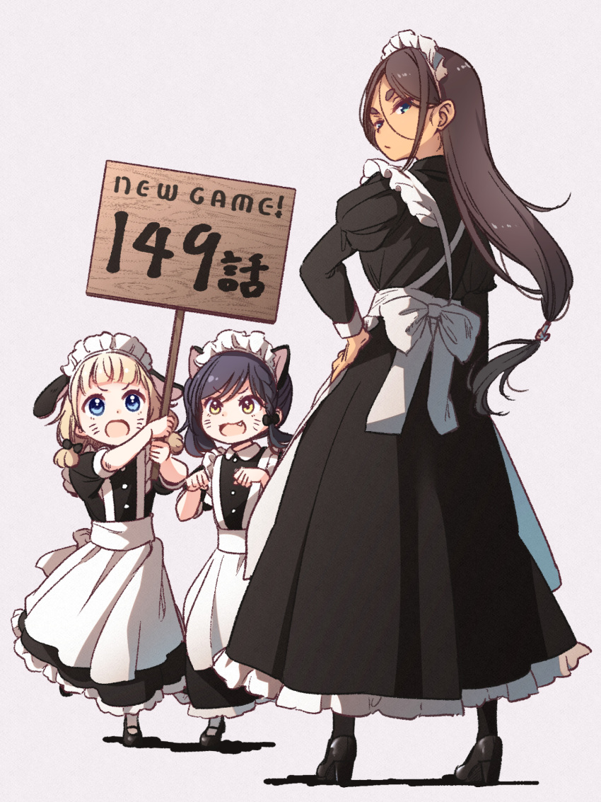 3girls :/ :3 ahagon_umiko animal_ears apron aqua_eyes arm_at_side arm_up asymmetrical_hair back_bow backlighting bangs black_bow black_dress black_footwear black_hair black_legwear blonde_hair blue_eyes blunt_bangs blunt_ends bow braid brown_hair cat_ears clenched_hands closed_mouth copyright_name d: dark-skinned_female dark_skin dog_ears dot_nose dress eyebrows_visible_through_hair facepaint facial_mark fake_animal_ears fang floating_hair floppy_ears french_braid frilled_apron frilled_hairband frills from_behind from_side full_body furrowed_brow grey_background hair_behind_ear hair_between_eyes hair_bow hairband hand_on_hip hand_up hands_up high_heels highres holding holding_sign juliet_sleeves leg_up legs_apart long_dress long_hair long_sleeves looking_at_viewer looking_back low-tied_long_hair low_twintails maid maid_apron maid_headdress mary_janes multiple_girls narumi_tsubame new_game! official_art open_mouth paw_pose petticoat placard pleated_dress puffy_short_sleeves puffy_sleeves pumps running sakura_nene shade shoes short_eyebrows short_sleeves side_braid side_ponytail sign simple_background single_braid sleeve_cuffs smile standing suspenders swept_bangs tareme thick_eyebrows tokunou_shoutarou tsurime twintails v-shaped_eyebrows very_long_hair waist_apron whisker_markings white_apron white_bow white_hairband white_legwear yellow_eyes