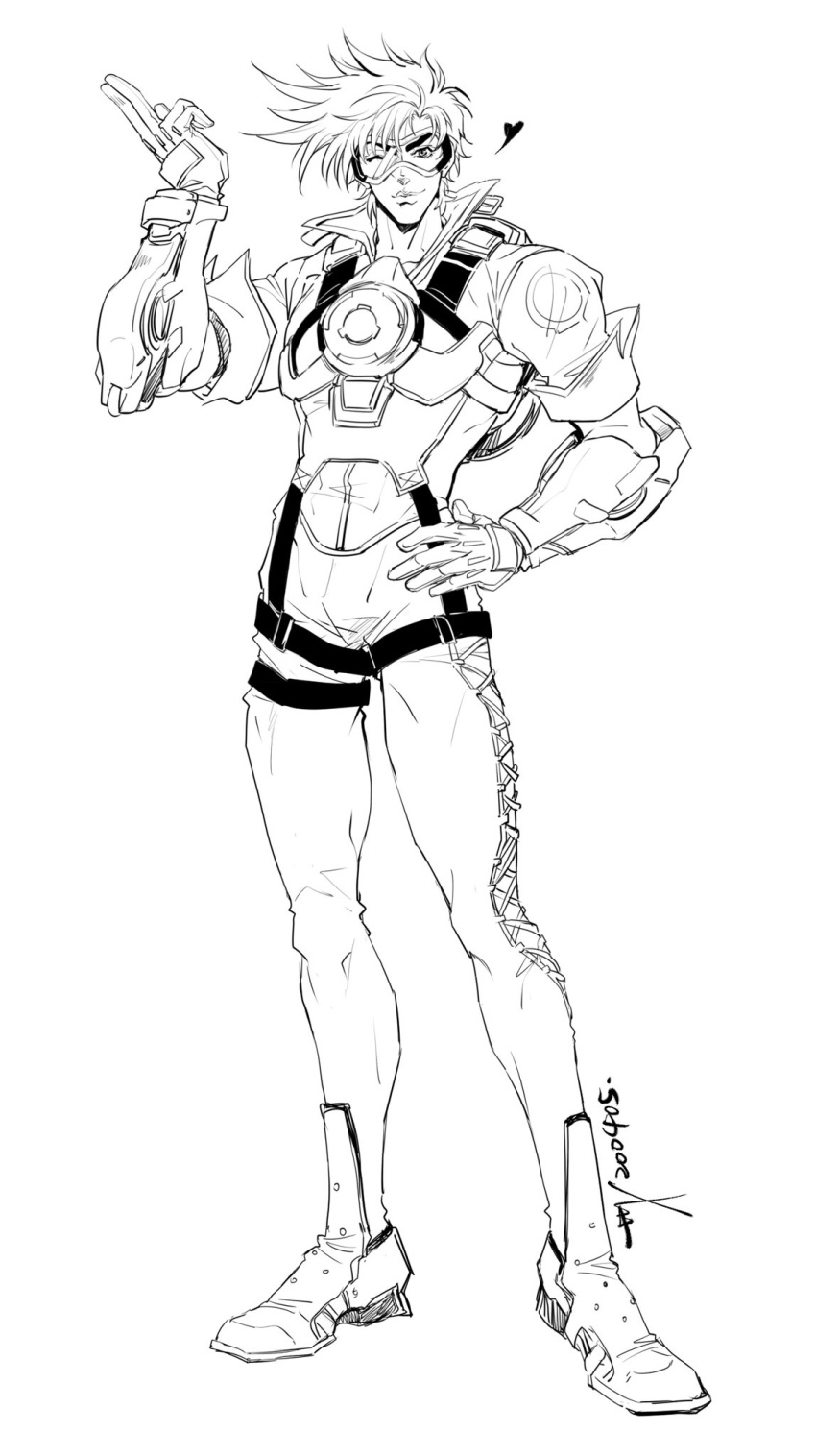 1boy battle_tendency bodysuit bomber_jacket chest_harness cosplay gloves goggles greyscale hand_on_hip harness heart highres jacket jojo_no_kimyou_na_bouken joseph_joestar lips looking_at_viewer monochrome nationality_connection overwatch salute sashiyu solo spiky_hair spoken_heart tracer_(overwatch) tracer_(overwatch)_(cosplay) two-finger_salute