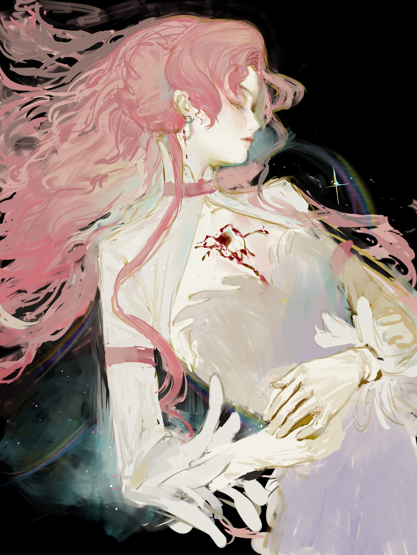 1girl absurdres black_background blood chinese_commentary closed_eyes code_geass double_bun dress earrings euphemia_li_britannia gloves gunshot_wound hair_behind_ear hand_on_own_stomach highres iggy.m jewelry long_hair lying on_back pink_hair solo spoilers white_dress white_gloves
