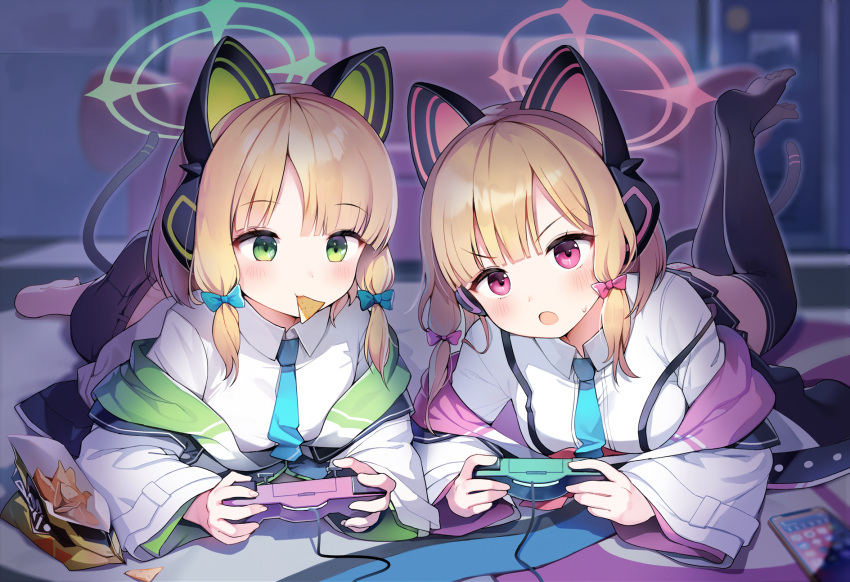 2girls :o aqua_bow aqua_necktie bangs barefoot black_legwear blonde_hair blue_archive blurry blurry_background blush bow breasts cat_ear_headphones cat_tail cellphone commentary controller couch eating eyebrows_visible_through_hair food green_eyes hair_bow halo headphones highres holding holding_controller jacket jehyun long_sleeves looking_at_viewer lying medium_breasts medium_hair midori_(blue_archive) momoi_(blue_archive) multiple_girls necktie no_shoes on_stomach open_mouth panties phone pink_bow playing_games pleated_skirt red_eyes school_uniform shirt shorts siblings skirt small_breasts smartphone sweatdrop tail thigh-highs twins underwear white_shirt