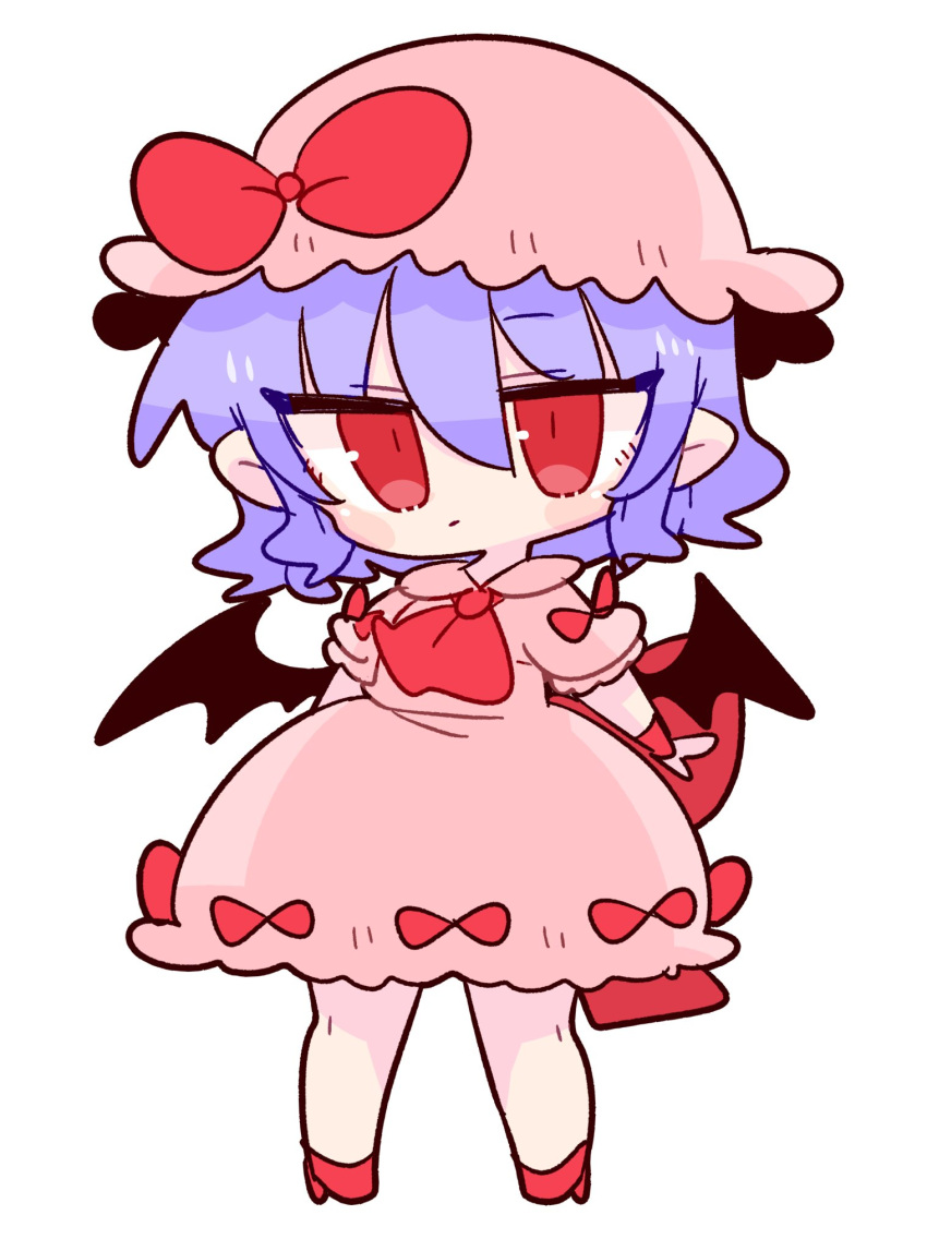 1girl :/ ascot bat_wings bow dress frilled_shirt frilled_shirt_collar frilled_sleeves frills hat hat_ribbon highres light_purple_hair mob_cap op_na_yarou pink_dress pink_headwear puffy_short_sleeves puffy_sleeves purple_hair red_ascot red_bow red_eyes red_ribbon remilia_scarlet ribbon sash shirt short_hair short_sleeves simple_background solo touhou white_background wings