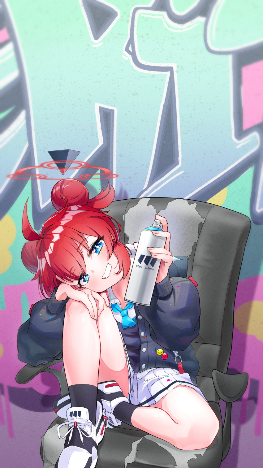 1girl absurdres ahoge bangs black_jacket blue_archive blue_eyes blush bright_pupils cal_minutes chair character_request double_bun eyebrows_visible_through_hair graffiti halo highres jacket long_sleeves office_chair pleated_skirt redhead shoes sidelocks sitting skirt smile sneakers solo spray_can