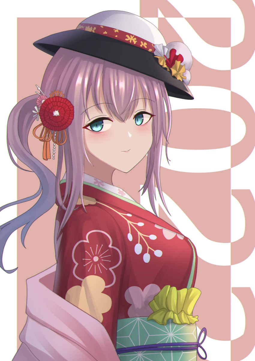 1girl 2020 aqua_eyes ar-57_(girls'_frontline) ar-57_(with_the_three_friends_of_winter)_(girls'_frontline) bakkasu150 bangs blush breasts closed_mouth eyebrows_visible_through_hair girls_frontline hair_ornament hairclip happy_new_year highres japanese_clothes kimono long_hair looking_at_viewer new_year official_alternate_costume pink_hair side_ponytail simple_background smile solo upper_body white_headwear