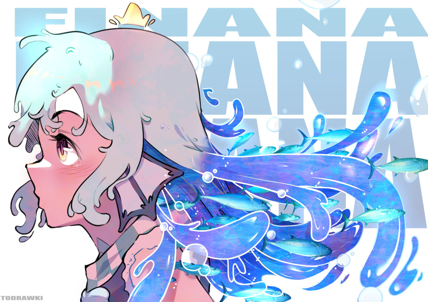 1girl absurdres bangs blush brown_eyes bubble character_name crown english_commentary finana_ryugu fish floating_hair from_side green_hair head_fins highres liquid_hair medium_hair nijisanji nijisanji_en seashell shell solo virtual_youtuber wokiiarts