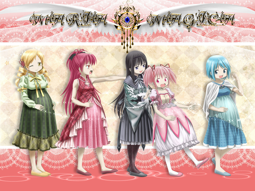 5girls akemi_homura black_hair blonde_hair blue_hair commentary_request dress drill_hair feader hair_ornament hair_ribbon highres kaname_madoka long_hair mahou_shoujo_madoka_magica miki_sayaka multiple_girls one_eye_closed pantyhose pink_hair ponytail pregnant redhead revision ribbon sakura_kyouko short_hair short_twintails tomoe_mami twin_drills twintails