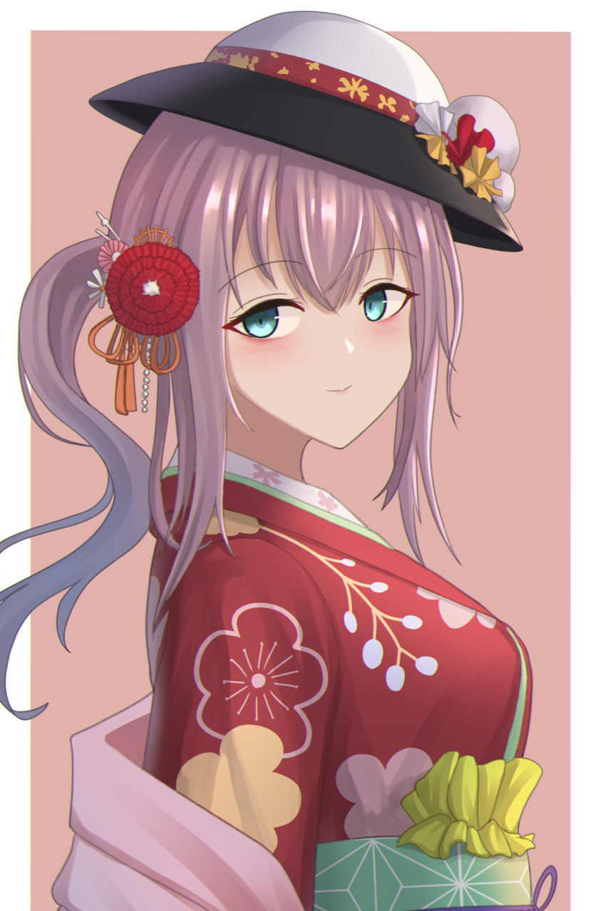 1girl aqua_eyes ar-57_(girls'_frontline) ar-57_(with_the_three_friends_of_winter)_(girls'_frontline) bakkasu150 bangs blush breasts closed_mouth eyebrows_visible_through_hair girls_frontline hair_ornament hairclip happy_new_year highres japanese_clothes kimono long_hair looking_at_viewer new_year official_alternate_costume pink_hair side_ponytail simple_background smile solo upper_body white_headwear