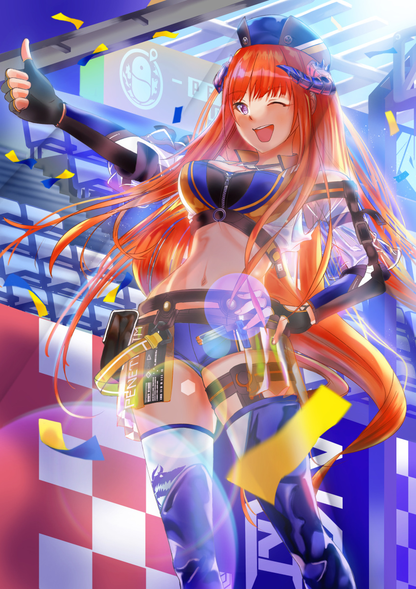 1girl ;d absurdres arknights bagpipe_(arknights) bagpipe_(queen_no._1)_(arknights) bangs black_gloves blue_headwear blue_legwear blue_shorts breasts commentary_request crop_top eyebrows_visible_through_hair feet_out_of_frame fingerless_gloves gloves hand_on_hip highres horns lens_flare long_hair medium_breasts midriff navel one_eye_closed orange_hair short_shorts shorts smile solo standing stomach thigh-highs thigh_strap thighs thumbs_up very_long_hair violet_eyes wesaki_leona