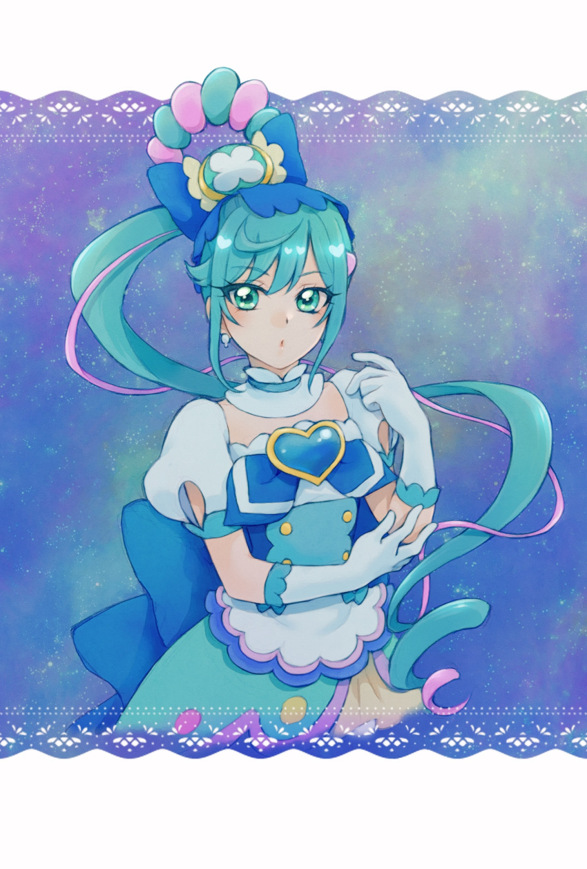 1girl aizen_(pixiv10336702) blue_dress blue_neckerchief breasts cure_spicy delicious_party_precure dress elbow_gloves eyebrows_visible_through_hair fuwa_kokone gloves green_eyes hair_between_eyes hair_bun heart_bow heart_brooch highres jewelry long_hair looking_at_viewer magical_girl medium_breasts neckerchief precure puffy_short_sleeves puffy_sleeves short_sleeves simple_background smile solo two-tone_background upper_body white_background white_dress white_gloves