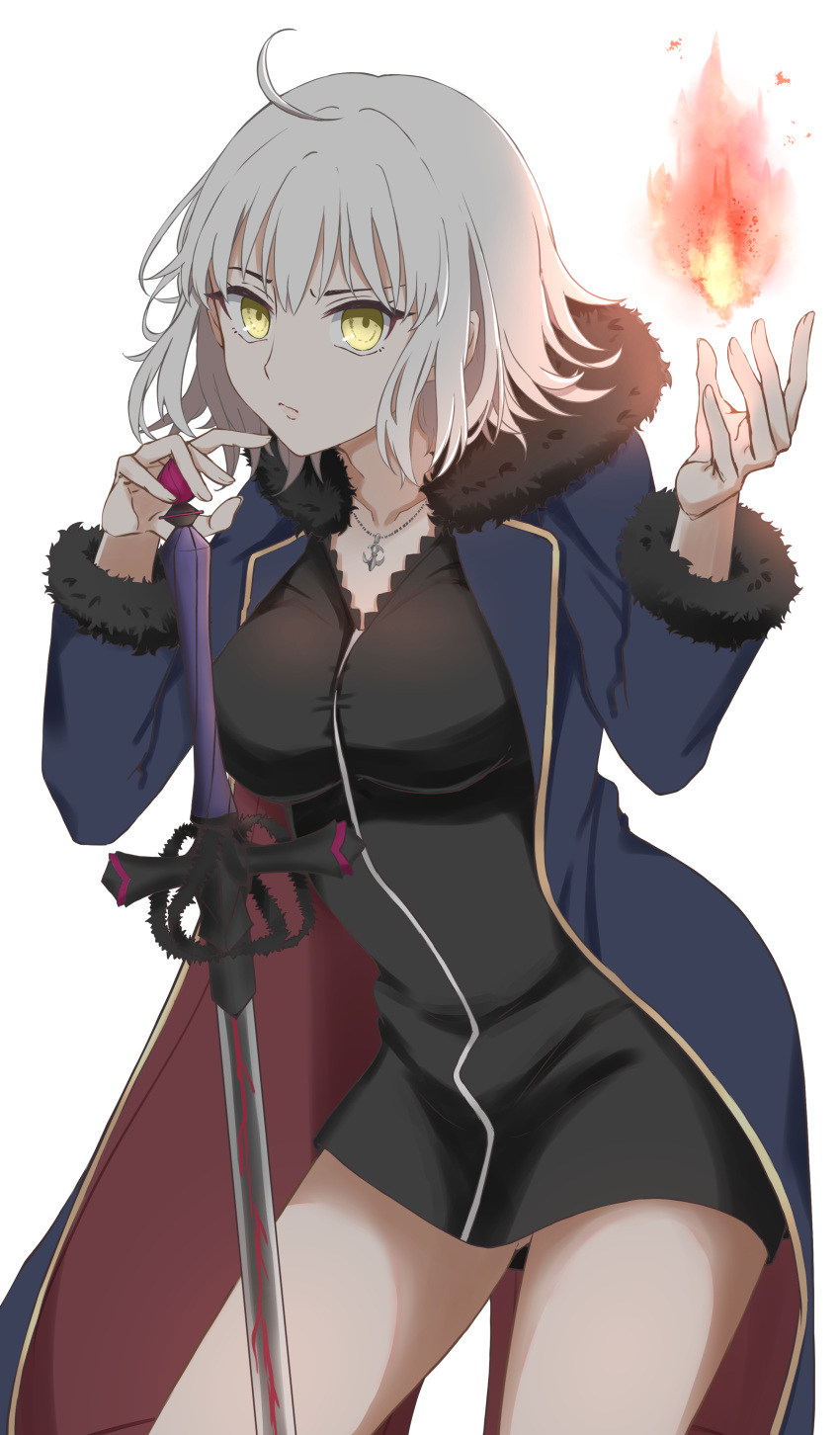 1girl ahoge bangs blush breasts closed_mouth coat crossed_arms facing_viewer fate/grand_order fate_(series) fur-trimmed_coat fur_trim hair_between_eyes highres jacket jeanne_d'arc_(alter)_(fate) jeanne_d'arc_(fate)_(all) jewelry large_breasts long_sleeves looking_at_viewer necklace peta_ru pout shirt short_hair silver_hair solo wicked_dragon_witch_ver._shinjuku_1999 yellow_eyes