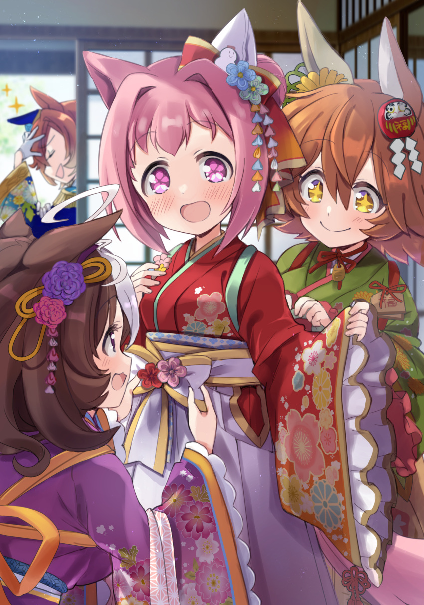 +_+ 4girls :d animal_ears arm_up bangs blush bow breasts brown_hair closed_eyes closed_mouth commentary_request daruma_doll ear_bow ema eyebrows_visible_through_hair floral_print flower flower-shaped_pupils gloves green_kimono hair_between_eyes hair_bun hair_flower hair_ornament hakama hakama_skirt haru_urara_(umamusume) highres hizuki_yayoi horse_ears horse_girl horse_tail japanese_clothes kimono long_sleeves matikanefukukitaru_(umamusume) medium_breasts meisho_doto_(umamusume) multicolored_hair multiple_girls official_style pinching_sleeves pink_hair print_kimono profile purple_kimono red_bow red_kimono skirt sleeves_past_wrists smile symbol-shaped_pupils t.m._opera_o_(umamusume) tail two-tone_hair umamusume white_gloves white_hair white_hakama wide_sleeves yellow_flower