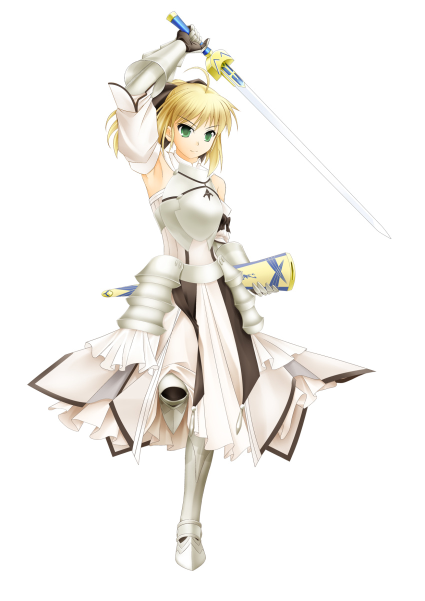 1girl armor armored_dress artoria_pendragon_(all) black_bow blonde_hair blue_sky bow breastplate caliburn dress eyebrows_visible_through_hair fate/grand_order fate/unlimited_codes fate_(series) faulds floating_hair gauntlets green_eyes hair_between_eyes hair_bow hands_on_hilt highres keiainu long_hair looking_at_viewer outdoors petals ponytail saber_lily signature sleeveless sleeveless_dress solo standing white_dress