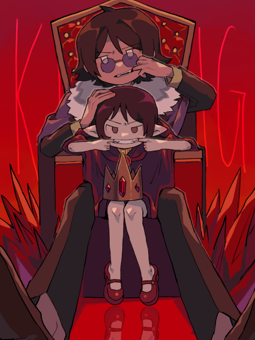 1boy 1girl adventure_time black_hair brown_hair cloak colored_skin crown demon_girl fangs grey_skin hand_on_another's_head highres looking_at_viewer marceline_abadeer mouth_pull petpetschale47 pointy_ears red_background short_hair simon_petrikov sitting sitting_on_lap sitting_on_person smile throne younger