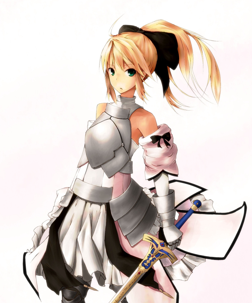 1girl armor armored_dress artoria_pendragon_(all) black_bow blonde_hair blue_sky bow breastplate caliburn dress eyebrows_visible_through_hair fate/grand_order fate/unlimited_codes fate_(series) faulds floating_hair gauntlets green_eyes hair_between_eyes hair_bow hands_on_hilt highres konasu_(pixiv823179) long_hair looking_at_viewer outdoors petals ponytail saber_lily signature sleeveless sleeveless_dress solo standing white_dress