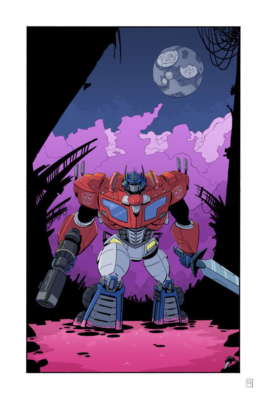 1boy autobot blue_eyes border energon english_commentary gun highres holding holding_gun holding_sword holding_weapon looking_at_viewer mecha no_humans norrie optimus_prime partially_submerged science_fiction solo sword transformers weapon white_border