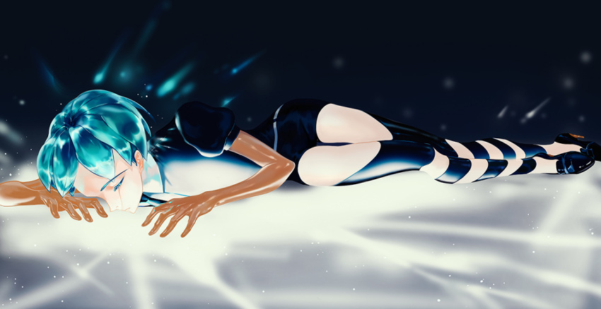 1other black_footwear black_necktie black_shorts blue_hair closed_eyes closed_mouth collared_shirt gem_uniform_(houseki_no_kuni) golden_arms houseki_no_kuni lying moon-lucky necktie phosphophyllite shiny shiny_hair shirt shorts solo tears