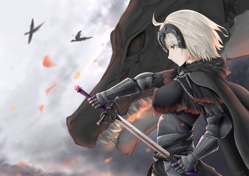 1girl armor armored_dress banner black_ribbon blonde_hair blue_eyes braid eyebrows_visible_through_hair fate/apocrypha fate/grand_order fate_(series) gauntlets highres jeanne_d'arc_(fate) jeanne_d'arc_(fate)_(all) long_hair low-tied_long_hair ponytail purple_legwear ribbon rinto_(ronto66) ruler_(fate/apocrypha) sheath sheathed single_braid smile solo standing sword thigh-highs very_long_hair weapon