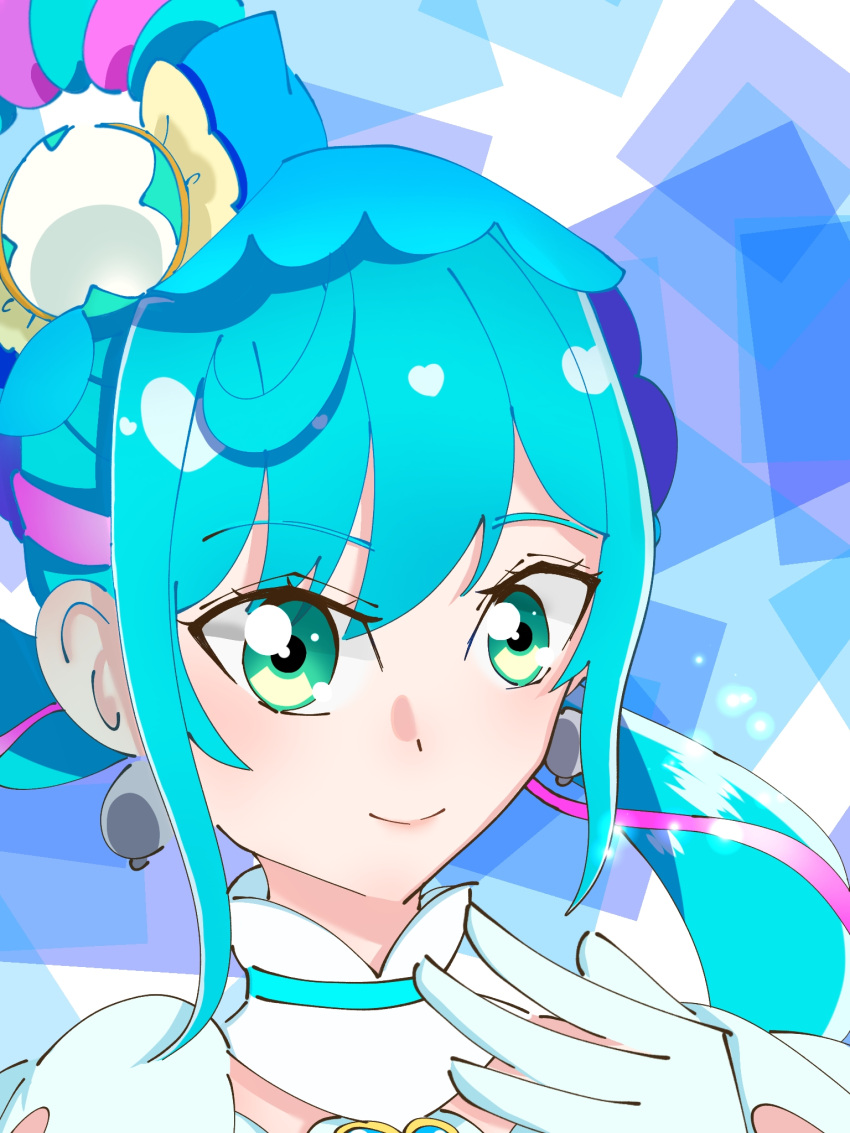 1girl blue_dress blue_neckerchief breasts cure_spicy delicious_party_precure dress elbow_gloves eyebrows_visible_through_hair fuwa_kokone gepi_nattsu gloves green_eyes hair_between_eyes hair_bun heart_bow heart_brooch highres jewelry long_hair looking_at_viewer magical_girl medium_breasts neckerchief precure puffy_short_sleeves puffy_sleeves short_sleeves simple_background smile solo two-tone_background upper_body white_dress white_gloves