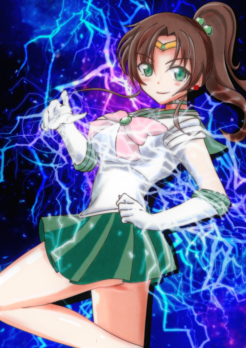 1girl 9zy5zf3oxxmggan back_bow bishoujo_senshi_sailor_moon bow brown_hair choker earrings elbow_gloves gloves green_eyes green_sailor_collar green_skirt hair_bobbles hair_ornament happy_birthday high_ponytail jewelry long_hair looking_at_viewer miniskirt pink_lips pink_neckwear pleated_skirt rose_earrings sailor_collar sailor_jupiter sailor_senshi_uniform shirt short_sleeves signature simple_background skirt solo white_gloves white_shirt