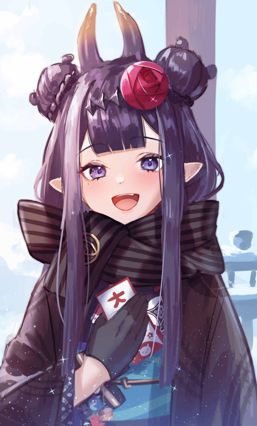 1girl :d absurdres bangs black_gloves black_kimono black_scarf blush commentary double_bun english_commentary eyebrows_visible_through_hair gloves gudanco_(nyanmeowzer) hair_ornament hand_up highres holding hololive hololive_english horns japanese_clothes kimono long_hair mole mole_under_eye ninomae_ina'nis obi pointy_ears purple_hair sash scarf smile solo upper_body violet_eyes virtual_youtuber