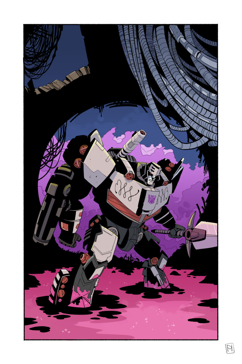 1boy arm_cannon border cable clenched_hand decepticon energon highres holding holding_sword holding_weapon looking_down mecha megatron megatron_(idw) night night_sky no_humans norrie red_eyes science_fiction sky solo sword the_transformers_(idw) transformers weapon white_border