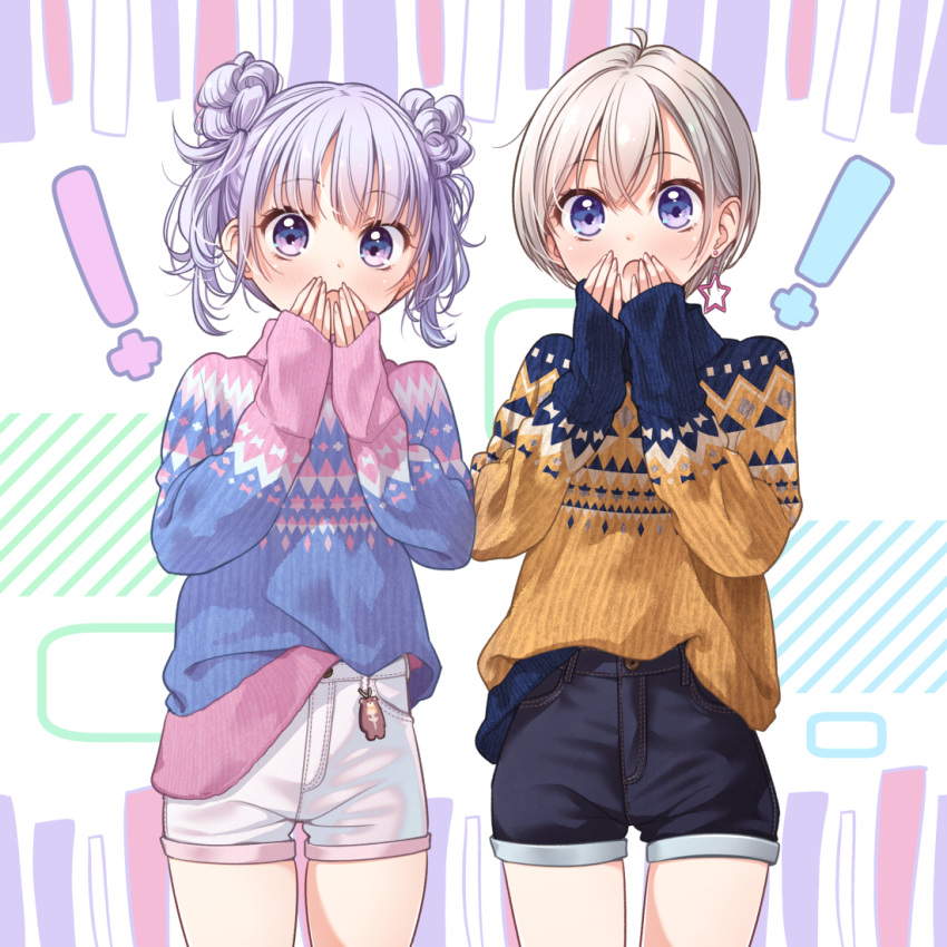 ! 2girls :o ahoge alternate_hairstyle argyle argyle_sweater bangs black_shorts blonde_hair blue_eyes blue_sweater blunt_bangs blush casual charm_(object) covering_mouth cowboy_shot denim denim_shorts diagonal_stripes dot_nose double_bun earrings eyebrows_visible_through_hair hair_behind_ear hair_between_eyes hand_over_own_mouth hands_up high-waist_shorts hoshikawa_hotaru jewelry light_purple_hair long_sleeves looking_at_viewer multicolored_clothes multicolored_sweater multiple_girls new_game! new_year official_art open_mouth pink_sweater platinum_blonde_hair purple_hair shiny shiny_skin short_hair shorts side-by-side silver_hair single_earring sleeves_past_wrists standing star_(symbol) star_earrings striped striped_background surprised suzukaze_aoba sweater sweater_tucked_in thigh_gap tokunou_shoutarou turtleneck turtleneck_sweater violet_eyes white_background white_shorts yellow_sweater