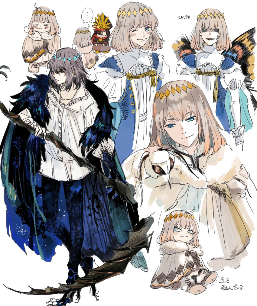 ... 1boy 1girl :3 arthropod_boy arthropod_legs bangs black_hair black_pants blue_eyes bob_cut bug butterfly_wings cape chibi collared_shirt crown ddlcclia diamond_hairband eyebrows eyelashes eyes_visible_through_hair fate/grand_order fate_(series) full_body fur-trimmed_cape fur_trim grey_hair hair_over_one_eye half-closed_eyes hat highres holding holding_weapon insect_wings juliet_sleeves long_hair long_sleeves moth multicolored_wings oberon_(fate) oda_nobunaga_(fate) oda_nobunaga_(koha/ace) open_mouth pants puffy_sleeves red_cape shaded_face shirt short_hair smile smirk teeth twitter_username two-sided_cape two-sided_fabric upper_body upper_teeth weapon white_background white_cape white_robe white_shirt wings