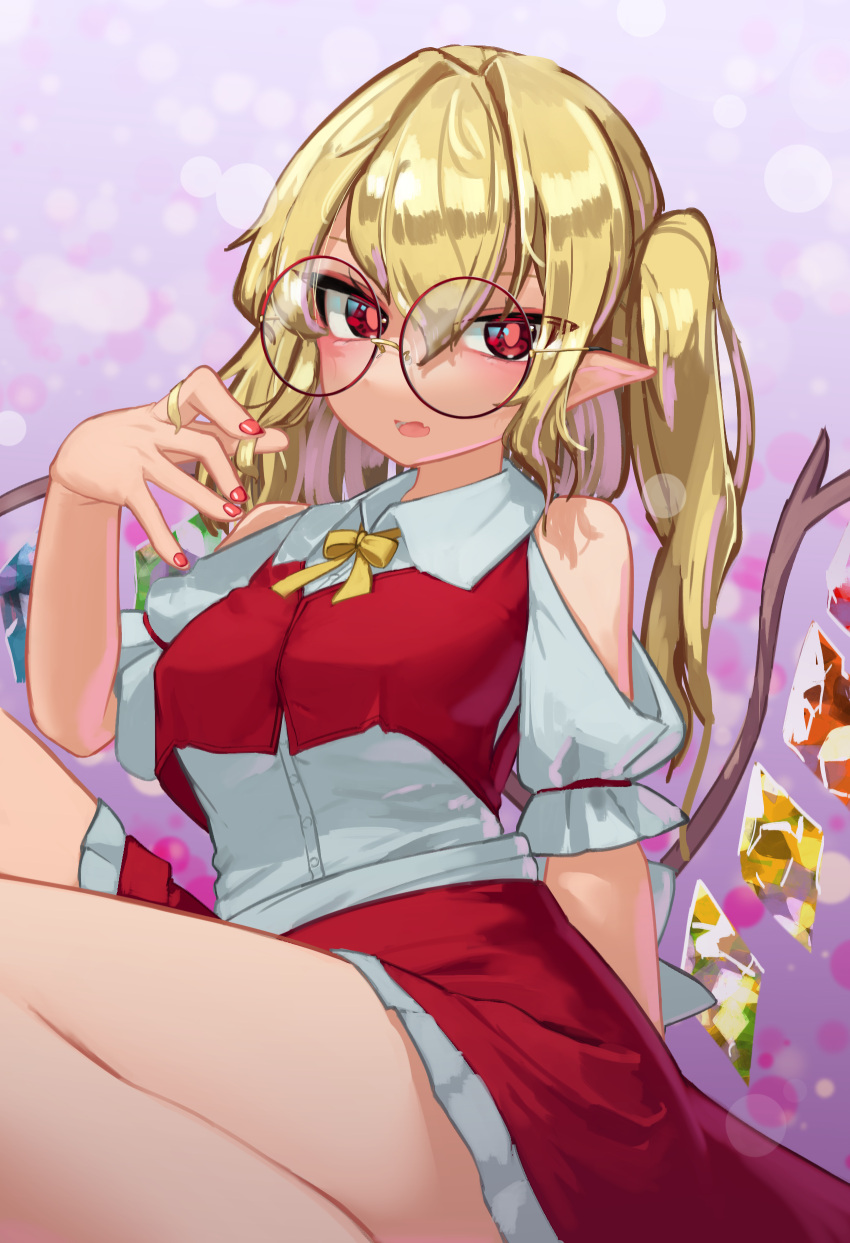 1girl absurdres adapted_costume arm_support bare_shoulders blonde_hair blurry bokeh bright_pupils clothing_cutout crystal depth_of_field feet_out_of_frame flandre_scarlet glasses grey_background hair_between_eyes highres light_blush looking_at_viewer nail_polish no_hat no_headwear one_side_up open_mouth pointy_ears red_eyes round_eyewear shoulder_cutout simple_background solo touhou wings zakozako_y