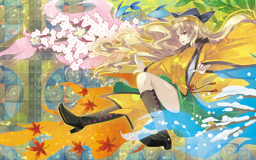 1girl aura autumn_leaves bangs black_footwear black_headwear blonde_hair boots breasts cherry_blossoms child-box comiket_94 commentary_request constellation_print detached_sleeves green_skirt hat high_heel_boots high_heels knee_boots leaf long_hair long_sleeves matara_okina open_mouth orange_sleeves orange_tabard red_ribbon ribbon shirt skirt small_breasts snow sun_symbol tabard thighs touhou very_long_hair white_shirt wide_sleeves yellow_eyes