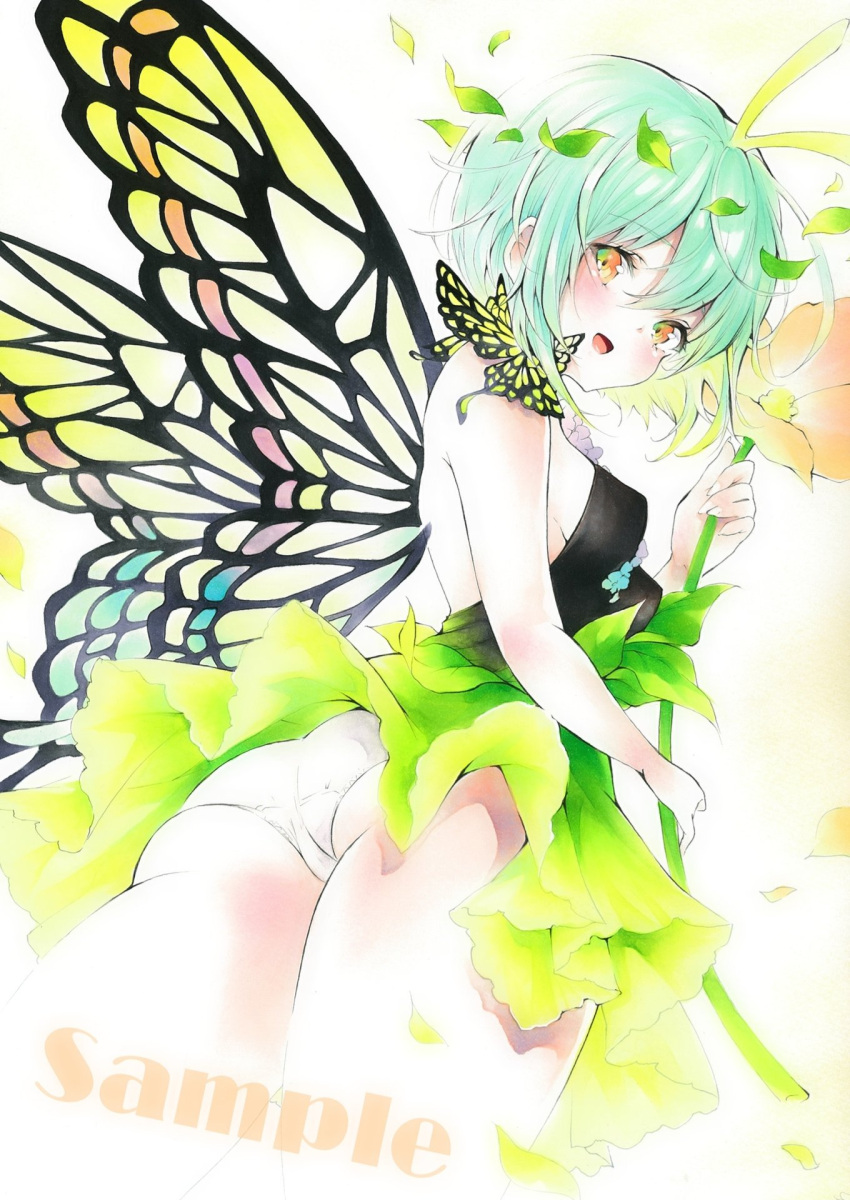 1girl adapted_costume antennae aqua_hair arim0k0 bad_anatomy blush butterfly_wings cowboy_shot dress eternity_larva eyebrows_visible_through_hair fairy flower green_dress hair_between_eyes highres holding holding_flower leaf leaf_on_head multicolored_clothes multicolored_dress open_mouth orange_eyes panties sample short_hair single_strap smile solo touhou traditional_media underwear watermark white_panties wings