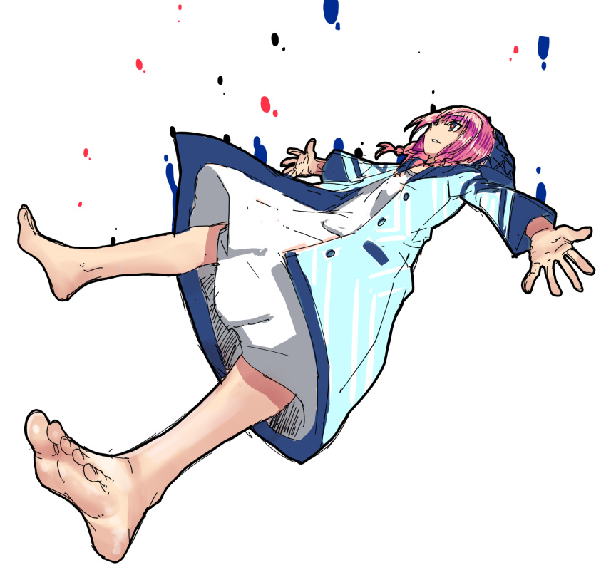 1girl barefoot braid commentary eiji_(eiji) feet full_body highres kaf_(kamitsubaki_studio) kamitsubaki_studio pink_hair soles solo tagme toes twin_braids virtual_youtuber white_background