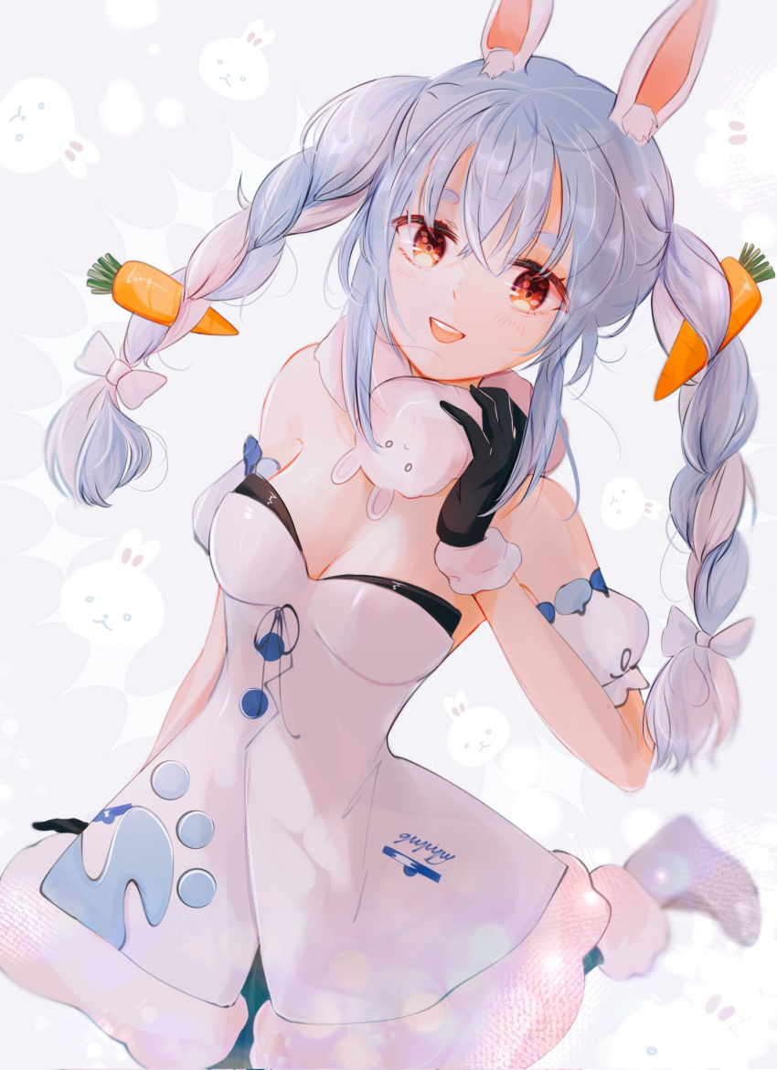 :d animal_ear_fluff animal_ears black_gloves blue_hair blush bow braid breasts carrot carrot_hair_ornament creature don-chan_(usada_pekora) dress food-themed_hair_ornament fur-trimmed_gloves fur_scarf fur_trim gloves gupipy hair_ornament highres hololive long_hair looking_at_viewer rabbit rabbit_ears rabbit_girl scarf short_eyebrows simple_background small_breasts smile thick_eyebrows twin_braids twintails usada_pekora virtual_youtuber white_dress white_scarf