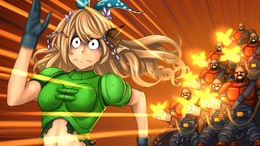 1girl 6+boys ammunition_belt armor bald black_gloves blonde_hair commentary constricted_pupils cosplay doom_(series) doomguy doomguy_(cosplay) english_commentary facial_hair firing fleeing flower gatling_gun gloom_(expression) gloves grin hair_flower hair_ornament hairclip heavy_weapon_dude_(doom) highres jojo_no_kimyou_na_bouken long_hair making-of_available midriff minigun multiple_boys muzzle_flash nigerundayo! nijisanji nijisanji_en pointy_ears pomu_rainpuff red_eyes running smile split_mouth substance20 sweat sweating_profusely virtual_youtuber