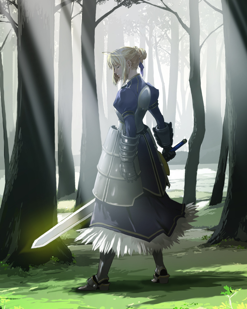 1girl ahoge artoria_pendragon_(all) blonde_hair blue_ribbon breasts cleavage_cutout clothing_cutout enonami excalibur_(fate/stay_night) fate/grand_order fate/stay_night fate_(series) green_eyes hair_bun hair_ribbon holding holding_weapon juliet_sleeves long_sleeves medium_breasts puffy_sleeves ribbon saber solo sword weapon
