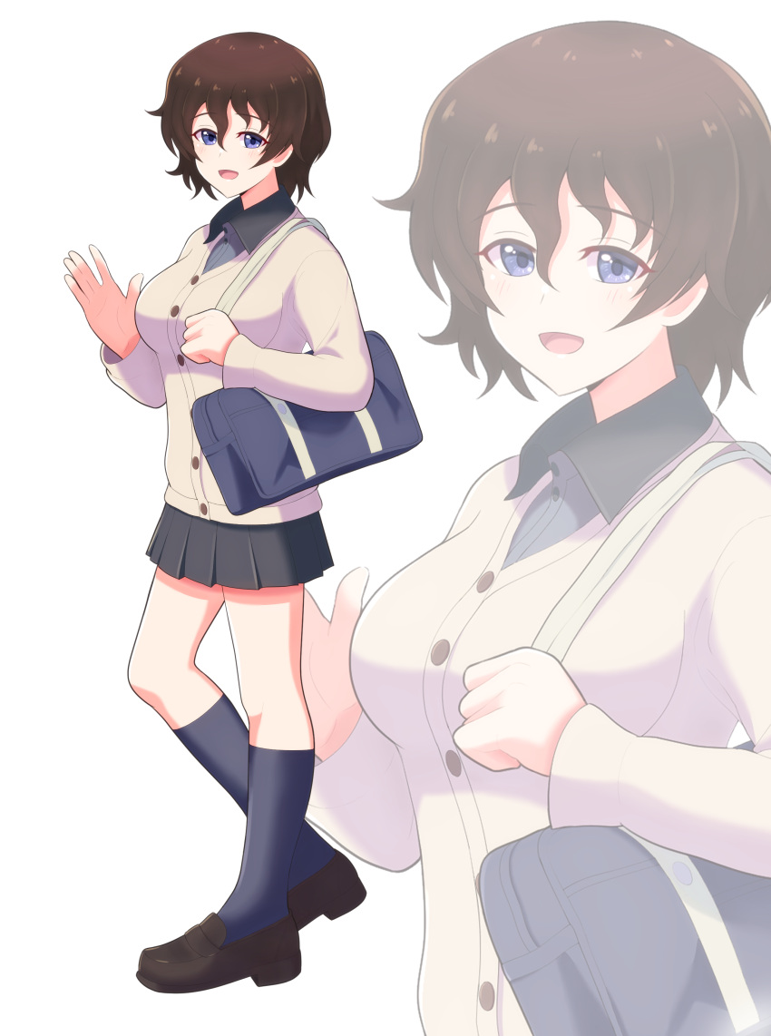 1girl absurdres akaboshi_koume black_legwear blue_eyes blush breasts brown_footwear brown_hair eyebrows_visible_through_hair girls_und_panzer highres iteza_(flapper_girl_25) kneehighs large_breasts loafers looking_at_viewer open_mouth shoes short_hair smile solo wavy_hair