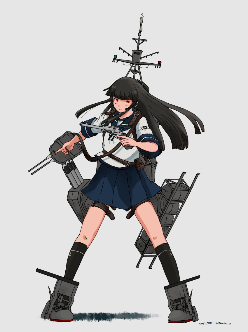 absurdres adapted_turret anchor_symbol belt black_hair black_legwear blue_sailor_collar blue_skirt dated grey_footwear gun hatsuyuki_(kancolle) highres holding holding_weapon kantai_collection kuragare long_hair machinery orange_hair pleated_skirt revolver rigging sailor_collar school_uniform serafuku short_sleeves sidelocks signature skirt torpedo_launcher weapon