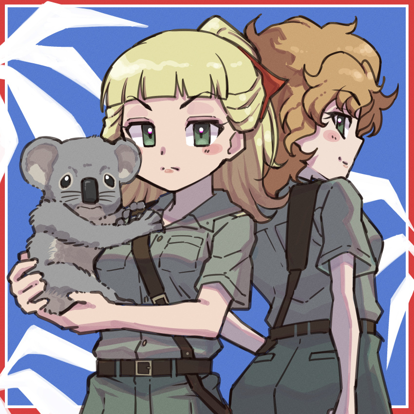 2girls absurdres animal bangs blonde_hair blunt_bangs breast_pocket brown_hair eyebrows_visible_through_hair girls_und_panzer green_eyes highres holding holding_animal kamonohashi_(girls_und_panzer) koala long_hair looking_at_viewer messy_hair multiple_girls nakachiruno pocket ponytail short_hair short_sleeves wallaby_(girls_und_panzer)