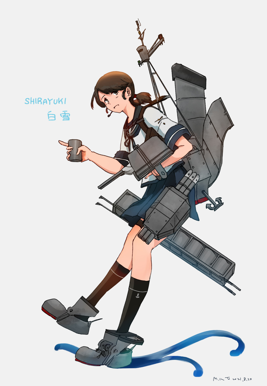 1girl absurdres adapted_turret anchor_symbol bangs black_legwear blue_sailor_collar blue_skirt brown_hair character_name dated depth_charge grey_footwear highres kantai_collection kuragare low_twintails machinery parted_bangs pleated_skirt rigging romaji_text sailor_collar shirayuki_(kancolle) short_sleeves short_twintails signature skirt torpedo_launcher translation_request twintails