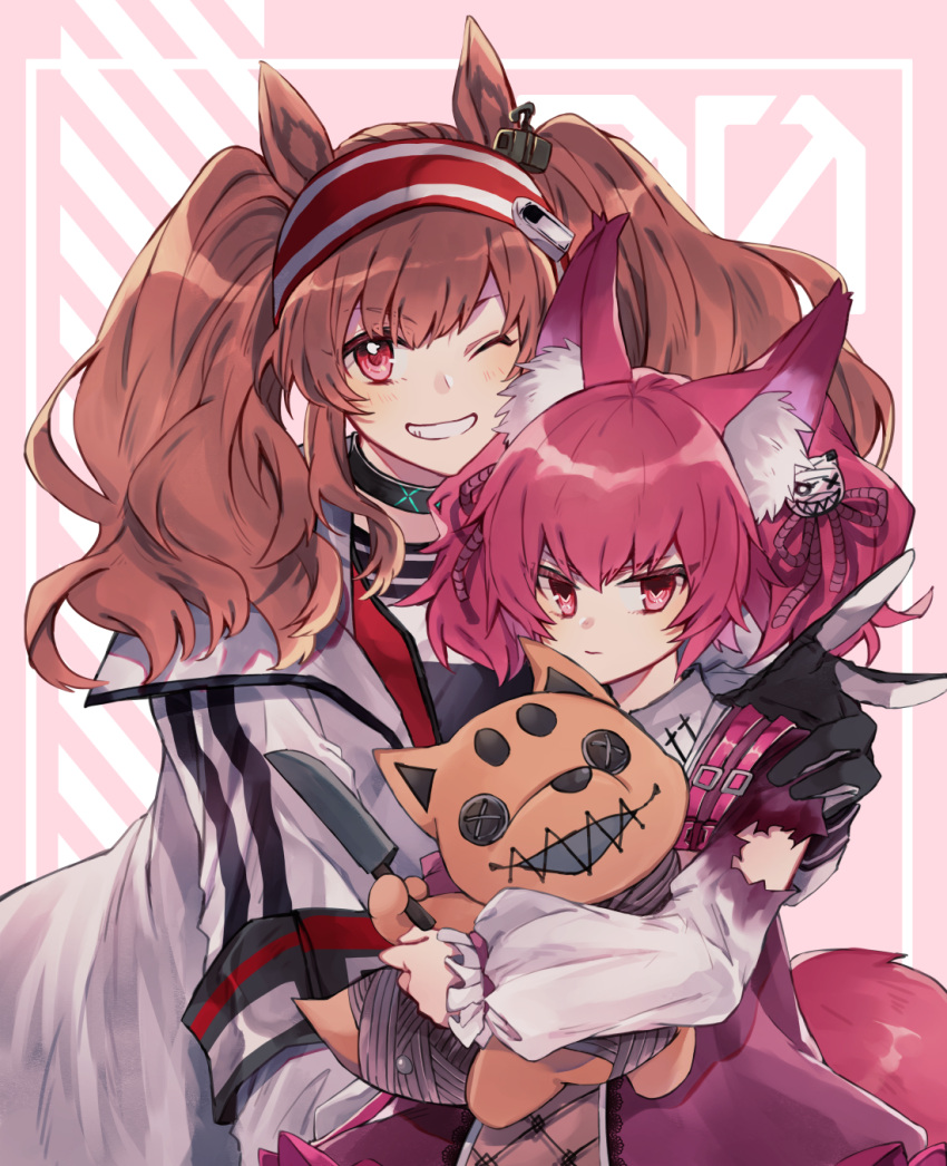 2girls angelina_(arknights) animal_ears arknights black_collar black_gloves black_shirt brown_hair collar diamond-shaped_pupils diamond_(shape) dress earpiece fox_ears fox_girl fox_tail gloves hair_ornament hairband hand_on_another's_shoulder highres holding holding_stuffed_toy infection_monitor_(arknights) jacket knife long_hair looking_at_viewer multiple_girls noinoi5551 one_eye_closed open_clothes open_jacket pink_dress pink_eyes pink_hair red_eyes red_hairband see-through shamare_(arknights) shirt smile stuffed_toy symbol-shaped_pupils tail torn_clothes twintails upper_body v white_jacket