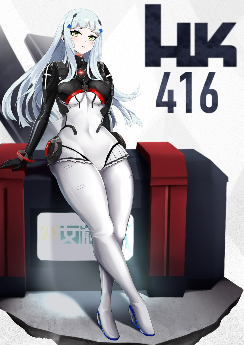 1girl :o arms_behind_back bangs bodysuit breasts character_name eyebrows_visible_through_hair full_body girls_frontline green_eyes hair_ornament hairclip highres hk416_(girls'_frontline) hk416_(midnight_evangelion)_(girls'_frontline) leaning_back light_blue_hair long_hair looking_at_viewer medium_breasts solo standing teardrop_facial_mark teardrop_tattoo white_background yan_kodiac