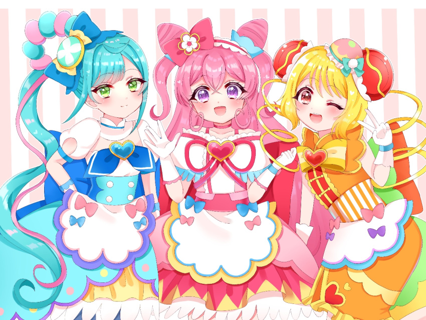 3girls ankle_bow apron blonde_hair blue_dress bow brooch cake_hair_ornament choker cure_precious cure_spicy cure_yum-yum delicious_party_precure double_bun dress elbow_gloves eyebrows_visible_through_hair food-themed_hair_ornament fuwa_kokone gloves green_eyes hair_between_eyes hair_bun hair_cones hair_ornament hair_rings hanamichi_ran heart_brooch huge_bow jewelry long_hair magical_girl multiple_girls nagomi_yui orange_dress pink_background pink_choker pink_dress pink_eyes pink_hair precure puffy_short_sleeves puffy_sleeves sash short_sleeves striped striped_background two-tone_dress user_eurf5322 very_long_hair white_dress white_gloves white_stripes yellow_dress yellow_eyes