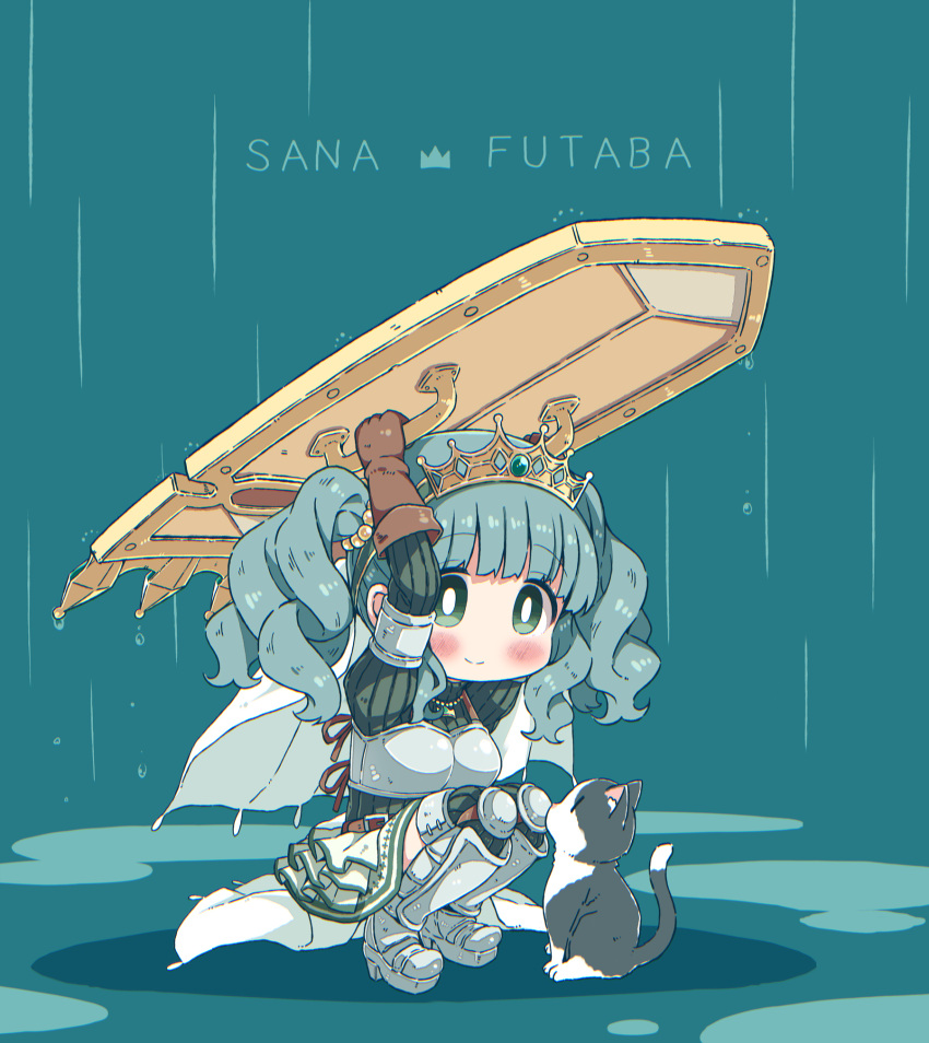 1girl armor bangs blunt_bangs blush brown_gloves cat character_name chibi closed_mouth futaba_sana gloves green_eyes green_hair highres holding holding_shield magia_record:_mahou_shoujo_madoka_magica_gaiden mahou_shoujo_madoka_magica rain shield short_hair short_twintails smile solo squatting takahero twintails wavy_hair