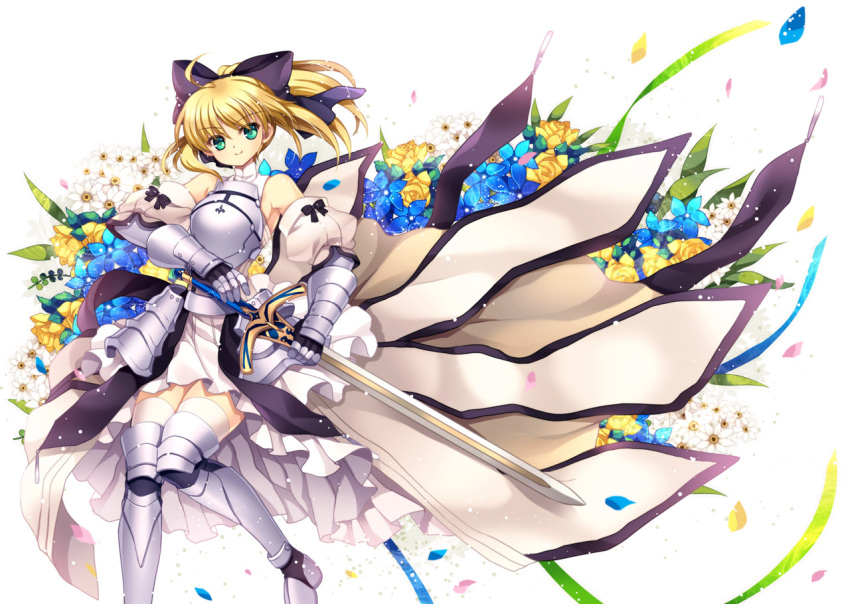 1girl armor armored_dress artoria_pendragon_(all) black_bow blonde_hair blue_sky bow breastplate caliburn capura.l dress eyebrows_visible_through_hair fate/grand_order fate/unlimited_codes fate_(series) faulds floating_hair gauntlets green_eyes hair_between_eyes hair_bow hands_on_hilt highres long_hair looking_at_viewer outdoors petals ponytail saber_lily signature sleeveless sleeveless_dress solo standing white_dress