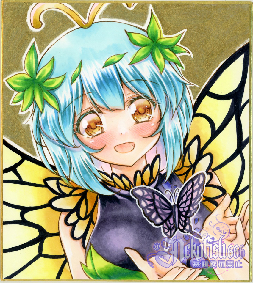 1girl animal antenna_hair aqua_hair artist_name blush brown_eyes bug butterfly butterfly_wings dress eternity_larva eyebrows_visible_through_hair fairy graphite_(medium) green_dress hair_between_eyes highres leaf leaf_on_head multicolored_clothes multicolored_dress nekofish666 open_mouth short_hair short_sleeves single_strap smile solo touhou traditional_media upper_body watermark wings